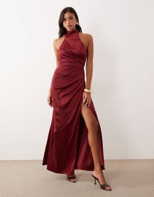 Tfnc Bridesmaid Satin Halter Neck Pleat Detail Maxi Dress In Red