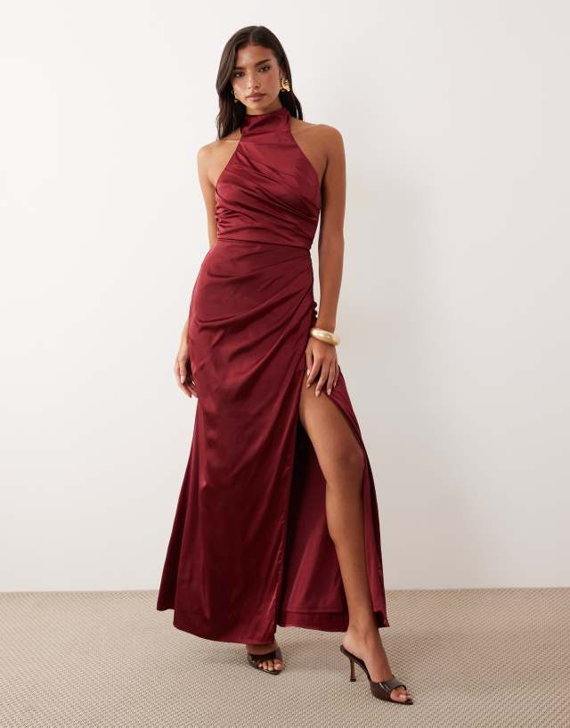TFNC Bridesmaid satin halter neck pleat detail maxi dress in burgundy