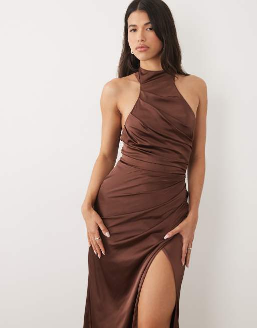 TFNC Bridesmaid satin halter neck pleat detail maxi dress in chocolate, 3 of 4