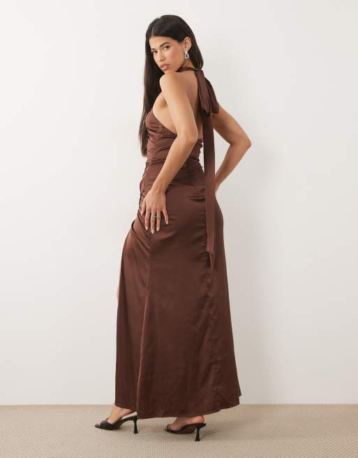 TFNC Bridesmaid satin halter neck pleat detail maxi dress in chocolate, 4 of 4