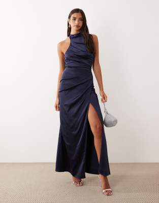 Tfnc Bridesmaid Satin Halter Neck Pleat Detail Maxi Dress In Navy