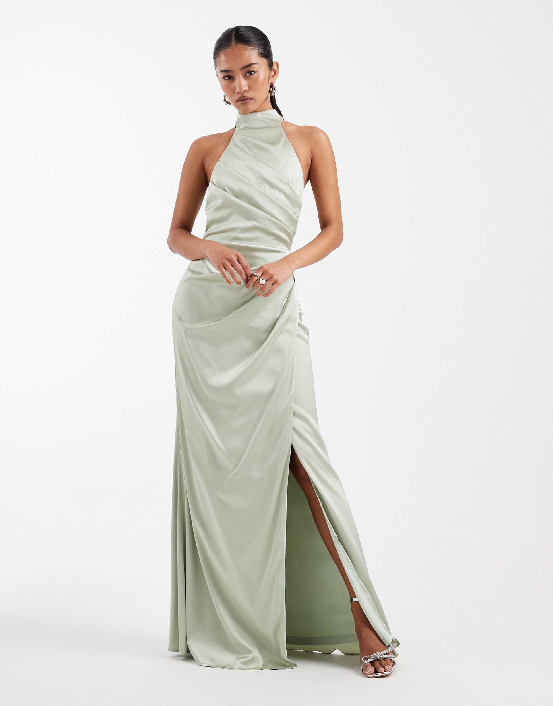 tfnc bridesmaid satin halterneck pleat detail maxi dress in sage green