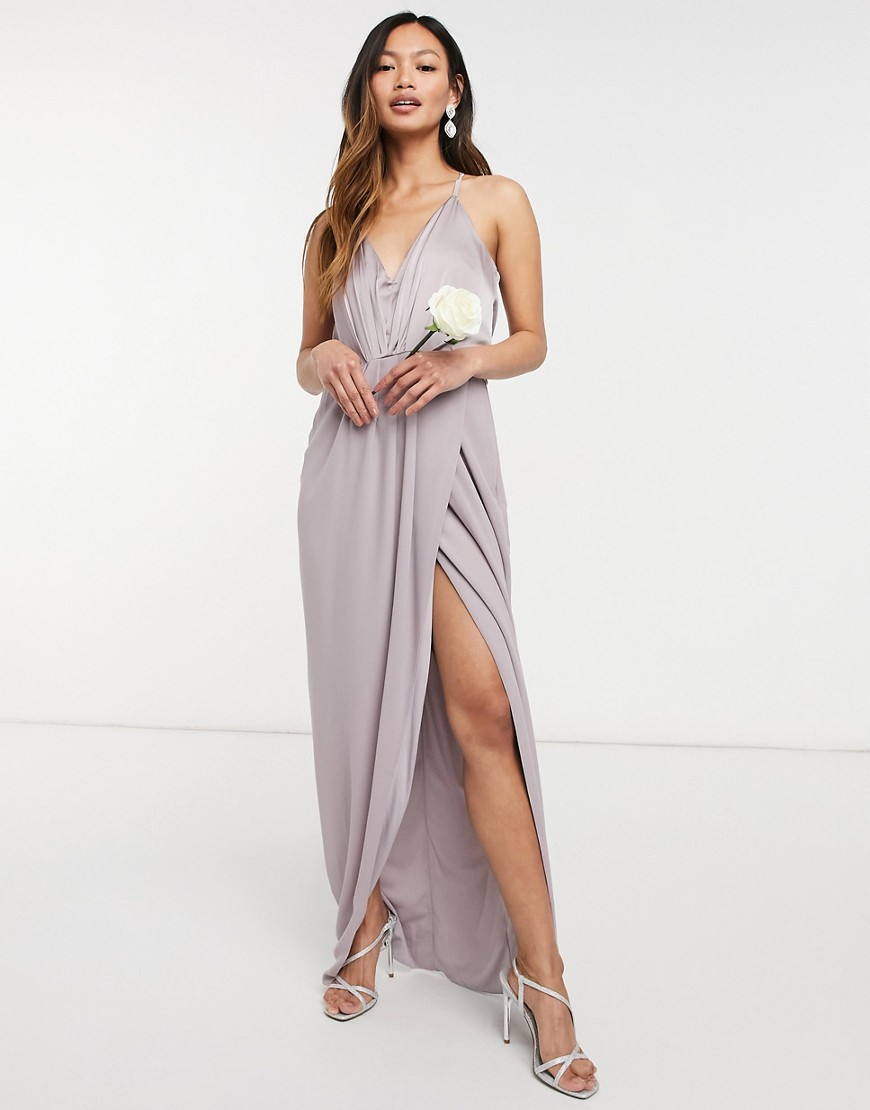 TFNC bridesmaid satin halterneck top maxi dress in gray-Grey