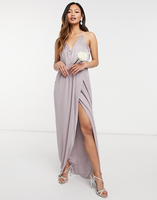 TFNC bridesmaid satin halterneck top maxi dress in grey