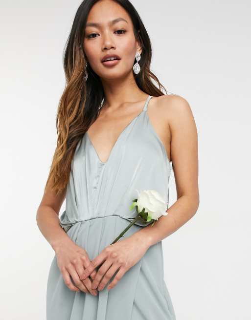 TFNC bridesmaid satin halterneck top maxi dress in sage, 3 of 4