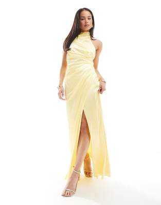 Bridesmaid satin high neck maxi dress with bow back in lemon-Yellow