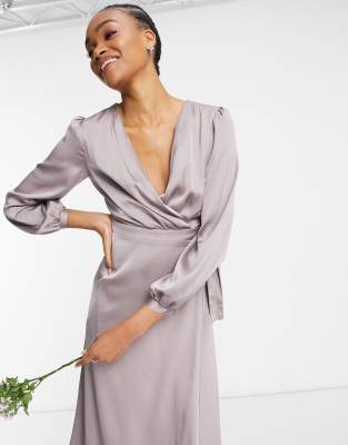 satin long sleeve wrap midi dress