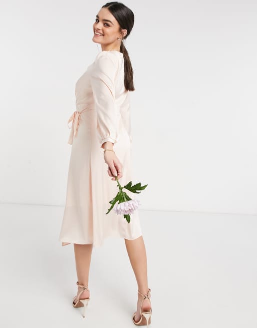 TFNC bridesmaid satin long sleeve wrap front midi dress in light blush, 4 of 4