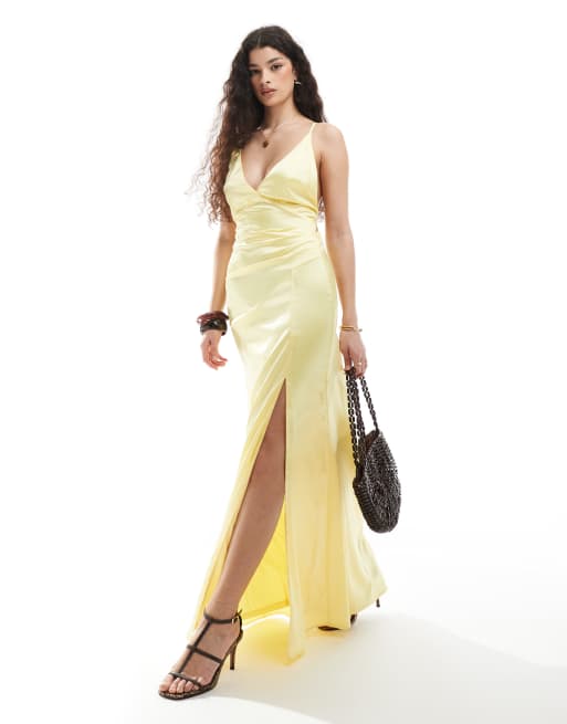 TFNC Bridesmaid satin maxi dress with minimal back detail in lemon