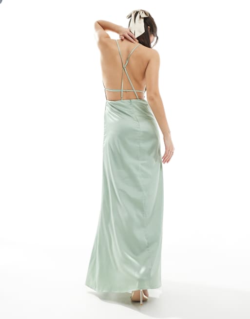 TFNC Bridesmaid satin maxi dress with minimal back detail in sage green |  ASOS