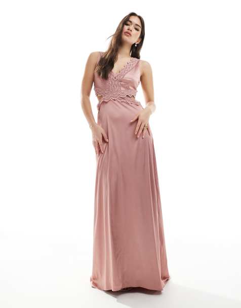 TFNC Bridesmaid satin maxi dress with scalloped lace detail in dusky pink - view 1