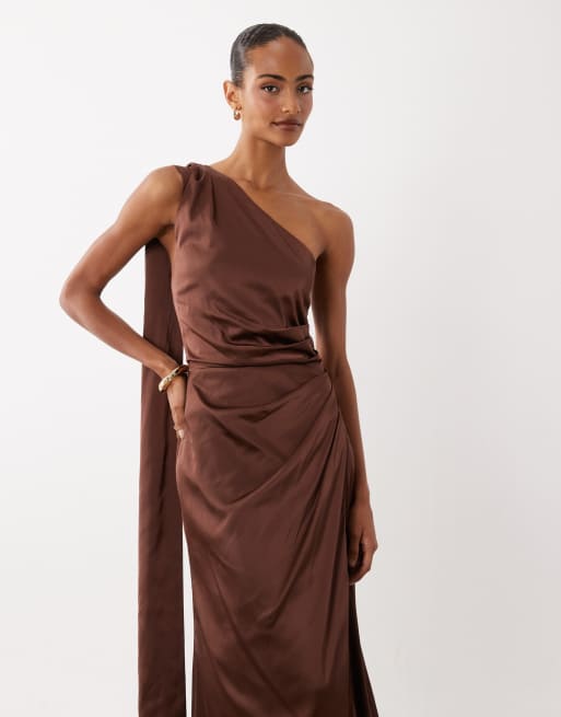 TFNC Bridesmaid satin one shoulder drape back split detail maxi dress in chocolate, 2 of 4