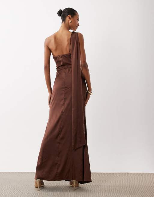 TFNC Bridesmaid satin one shoulder drape back split detail maxi dress in chocolate, 4 of 4
