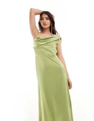 Bridesmaid satin one shoulder drape maxi dress in olive-Green