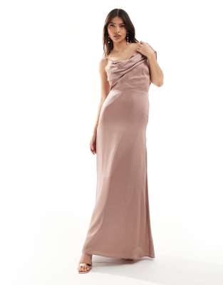 Bridesmaid satin one shoulder drape maxi dress in rose brown