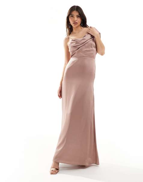 TFNC Bridesmaid satin one shoulder drape maxi dress in rose brown  - view 1