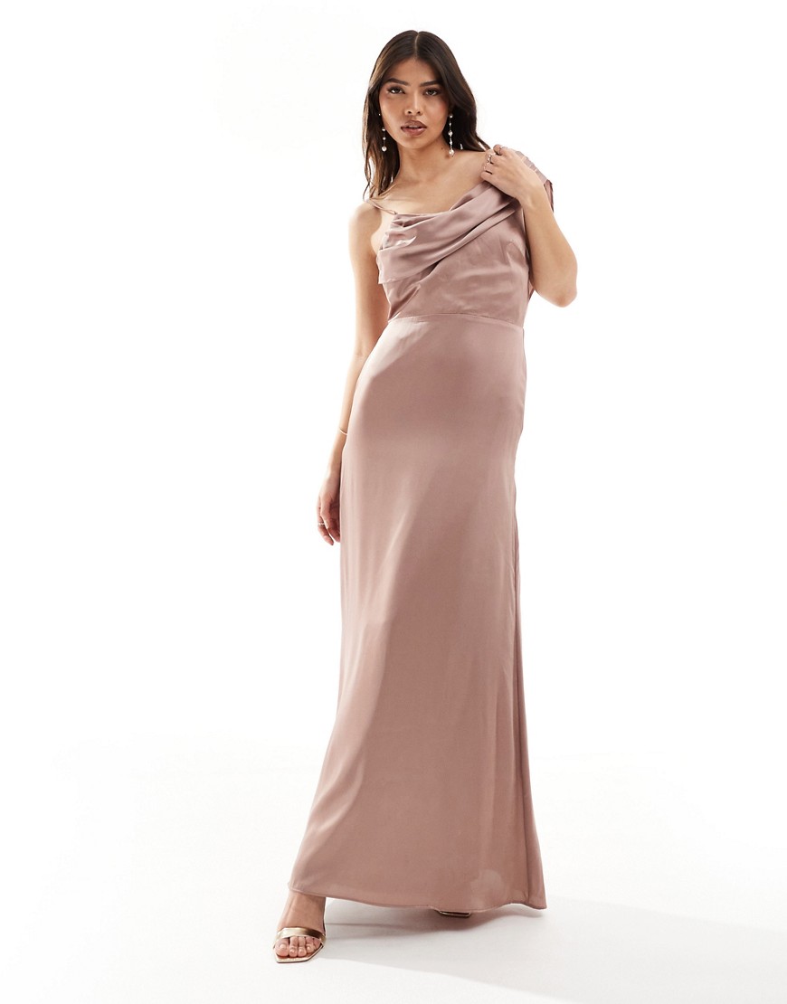 TFNC Bridesmaid satin one shoulder drape maxi dress in rose brown