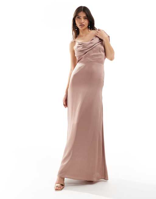 TFNC Bridesmaid satin one shoulder drape maxi dress in rose brown 