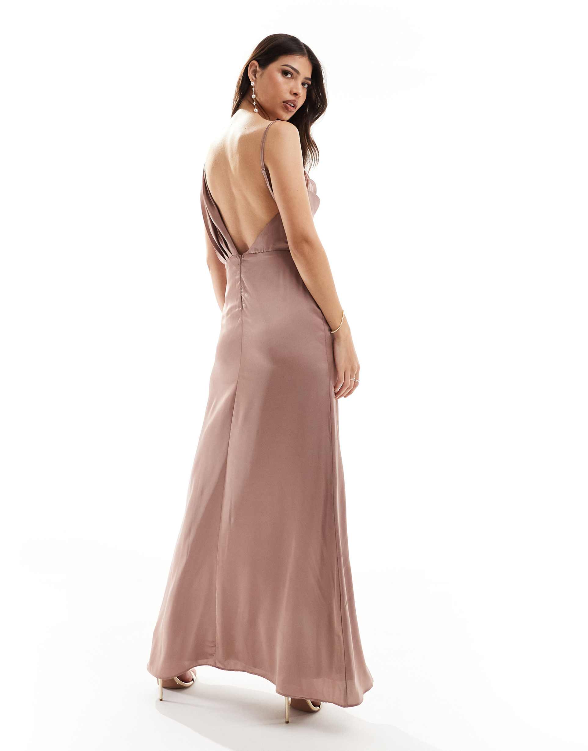 tfnc bridesmaid satin one shoulder drape maxi dress in rose brown