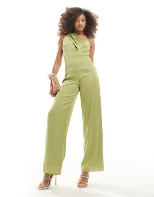 Bridesmaid satin one shoulder jumpsuit in olive-Green