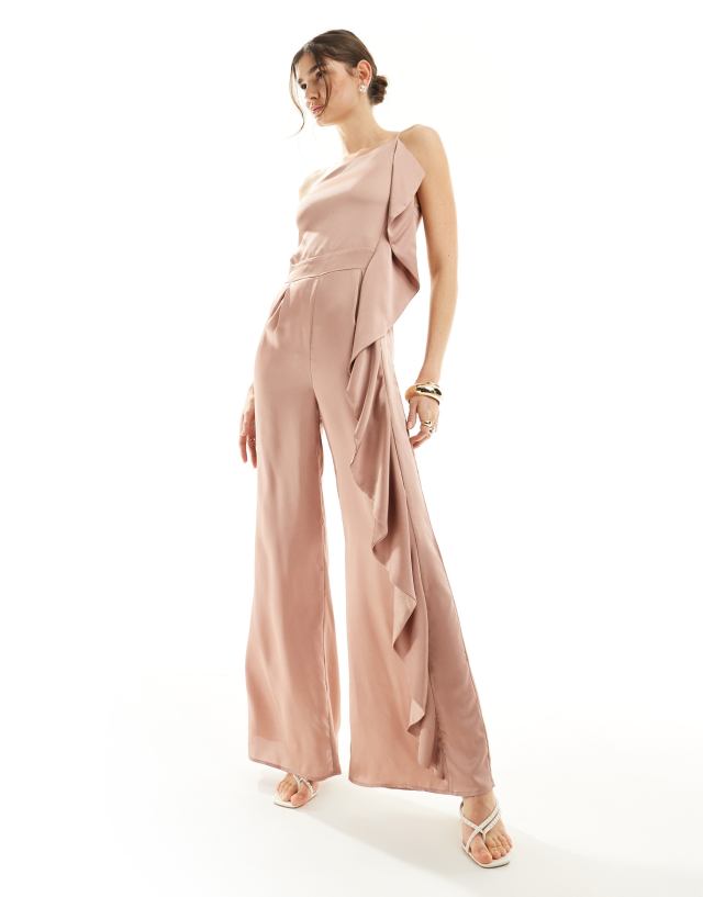 TFNC - bridesmaid satin one shoulder jumpsuit with frill detail in rose brown