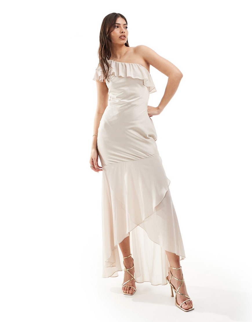 TFNC Bridesmaid satin one shoulder ruffle maxi dress in champagne-Gold