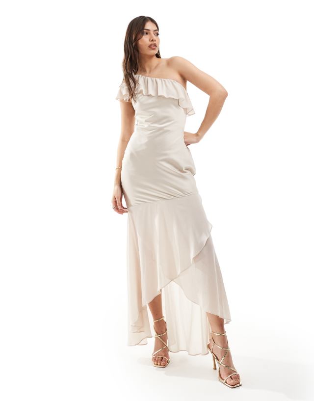 TFNC - bridesmaid satin one shoulder ruffle maxi dress in champagne