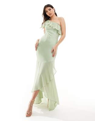 Tfnc Bridesmaid Satin One Shoulder Ruffle Maxi Dress In Sage-green