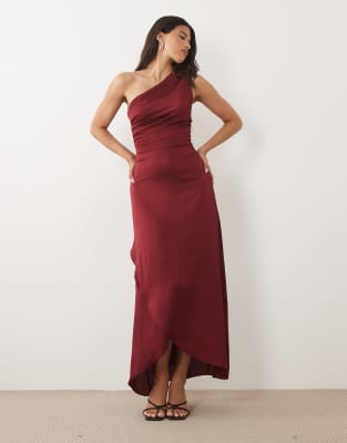 Tfnc Bridesmaid Satin One Shoulder Wrap Skirt Maxi Dress In Red
