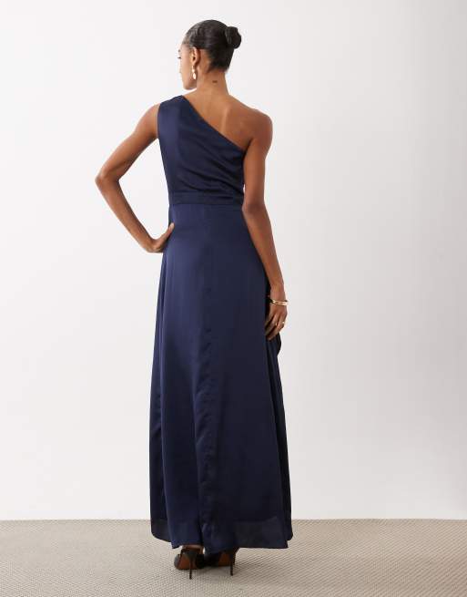 TFNC Bridesmaid satin one shoulder wrap skirt maxi dress in navy, 4 of 4