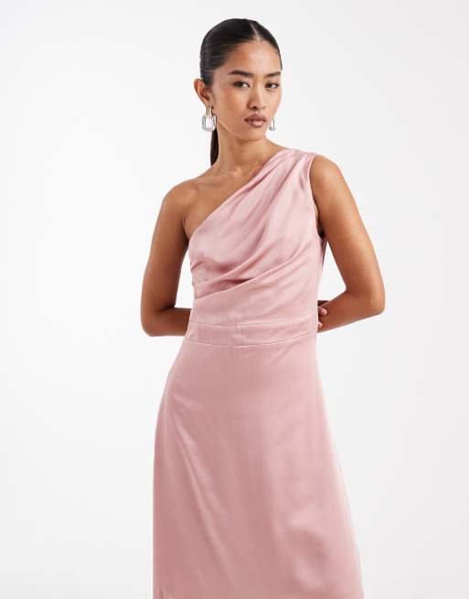 TFNC Bridesmaid satin one shoulder wrap skirt maxi dress in pink, 2 of 4