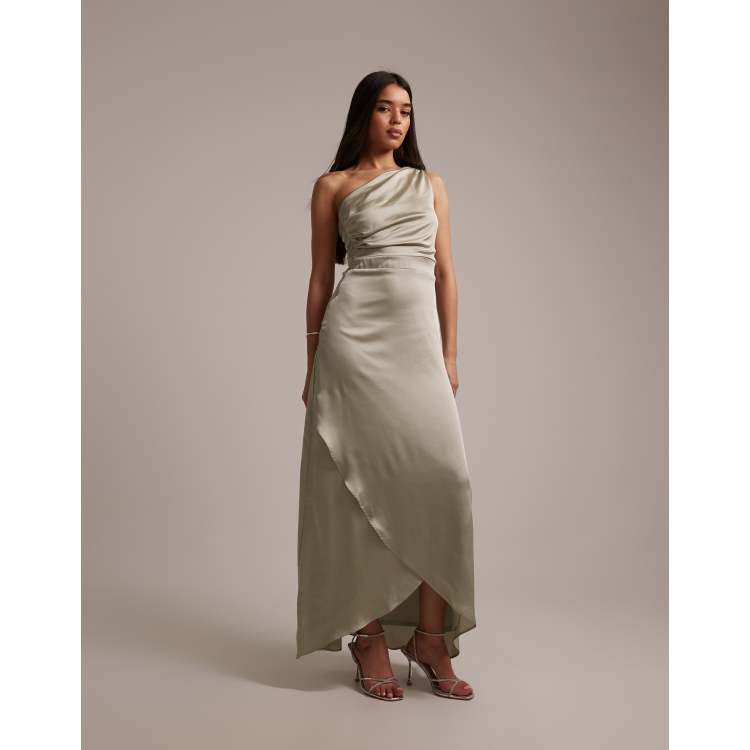 TFNC Bridesmaid satin one shoulder wrap skirt maxi dress in sage green |  ASOS