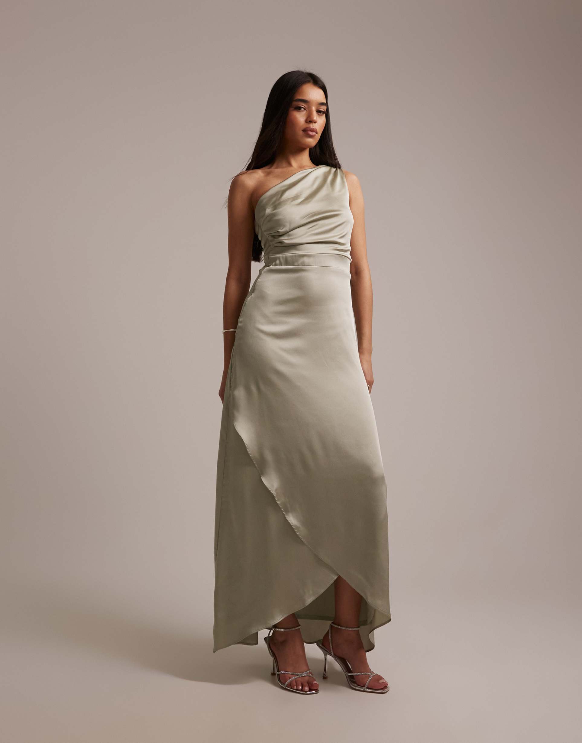 tfnc bridesmaid satin one shoulder wrap skirt maxi dress in sage green