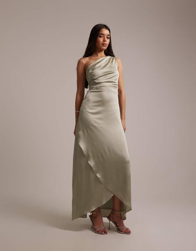 TFNC Bridesmaid satin one shoulder wrap skirt maxi dress in sage green