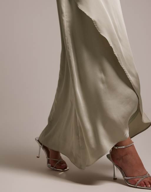 TFNC Bridesmaid satin one shoulder wrap skirt maxi dress in sage green, 3 of 5