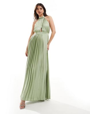 TFNC Bridesmaid satin pleated halter neck maxi dress with full skirt in sage green