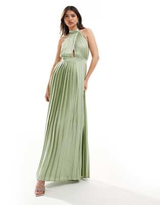 TFNC TFNC Bridesmaid satin pleated halter neck maxi dress with full skirt in sage green-Gold