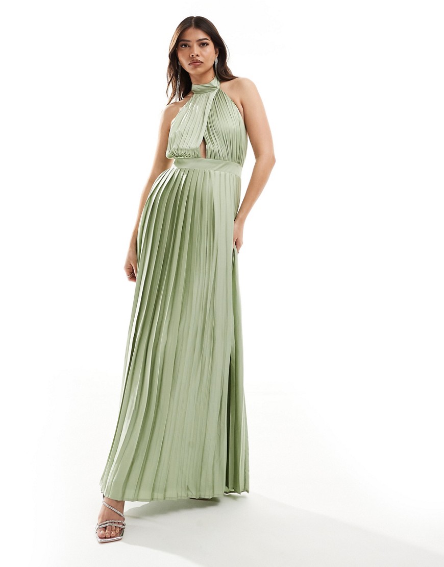 TFNC Bridesmaid satin pleated halter neck maxi dress with full skirt in sage green-Gold