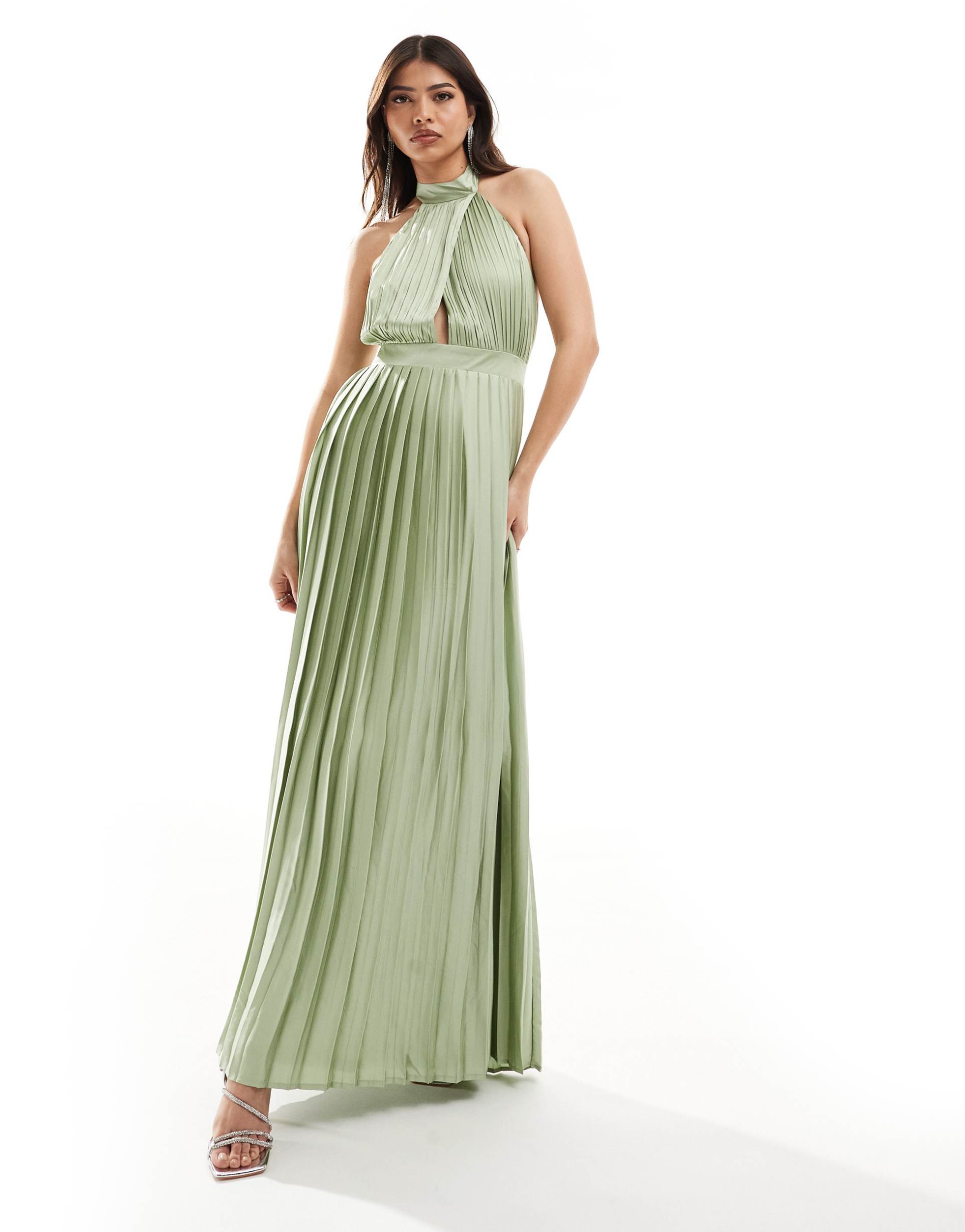 tfnc bridesmaid satin pleated halter neck maxi dress with full skirt in sage green