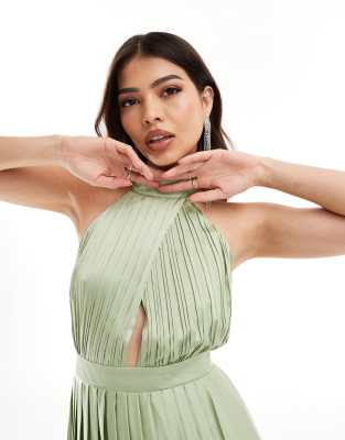TFNC Bridesmaid satin pleated halter neck maxi dress with full skirt in sage  green | ASOS