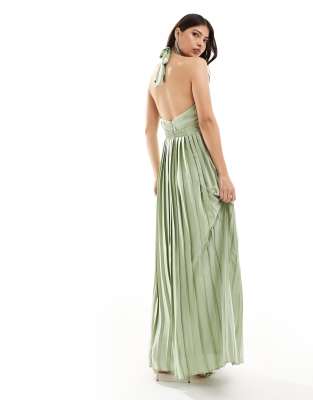 TFNC Bridesmaid satin pleated halter neck maxi dress with full skirt in sage  green | ASOS