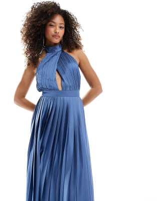 TFNC Bridesmaid satin pleated halterneck maxi dress with full skirt in aster blue