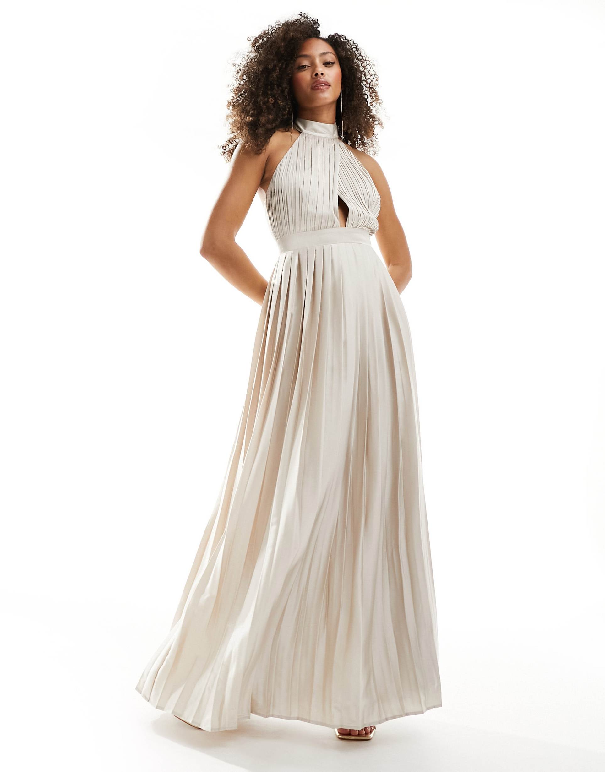 tfnc bridesmaid satin pleated halterneck maxi dress with full skirt in champagne