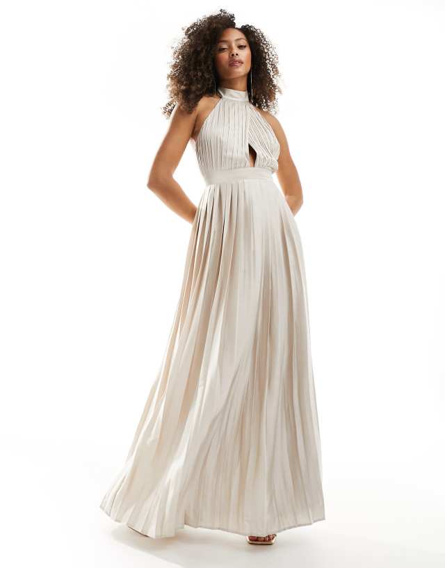 TFNC - bridesmaid satin pleated halterneck maxi dress with full skirt in champagne