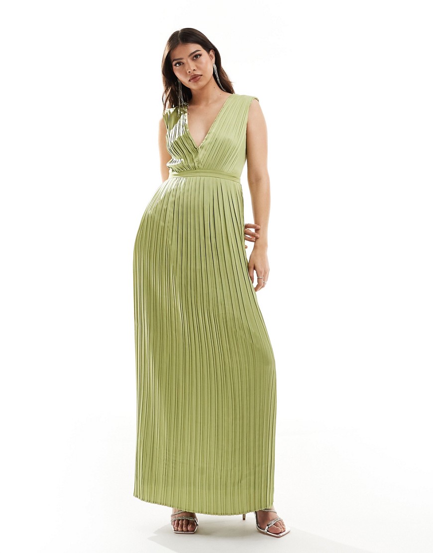 TFNC Bridesmaid satin pleated maxi dress in olive-Green