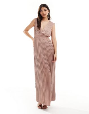 TFNC Bridesmaid satin pleated maxi dress in rose brown