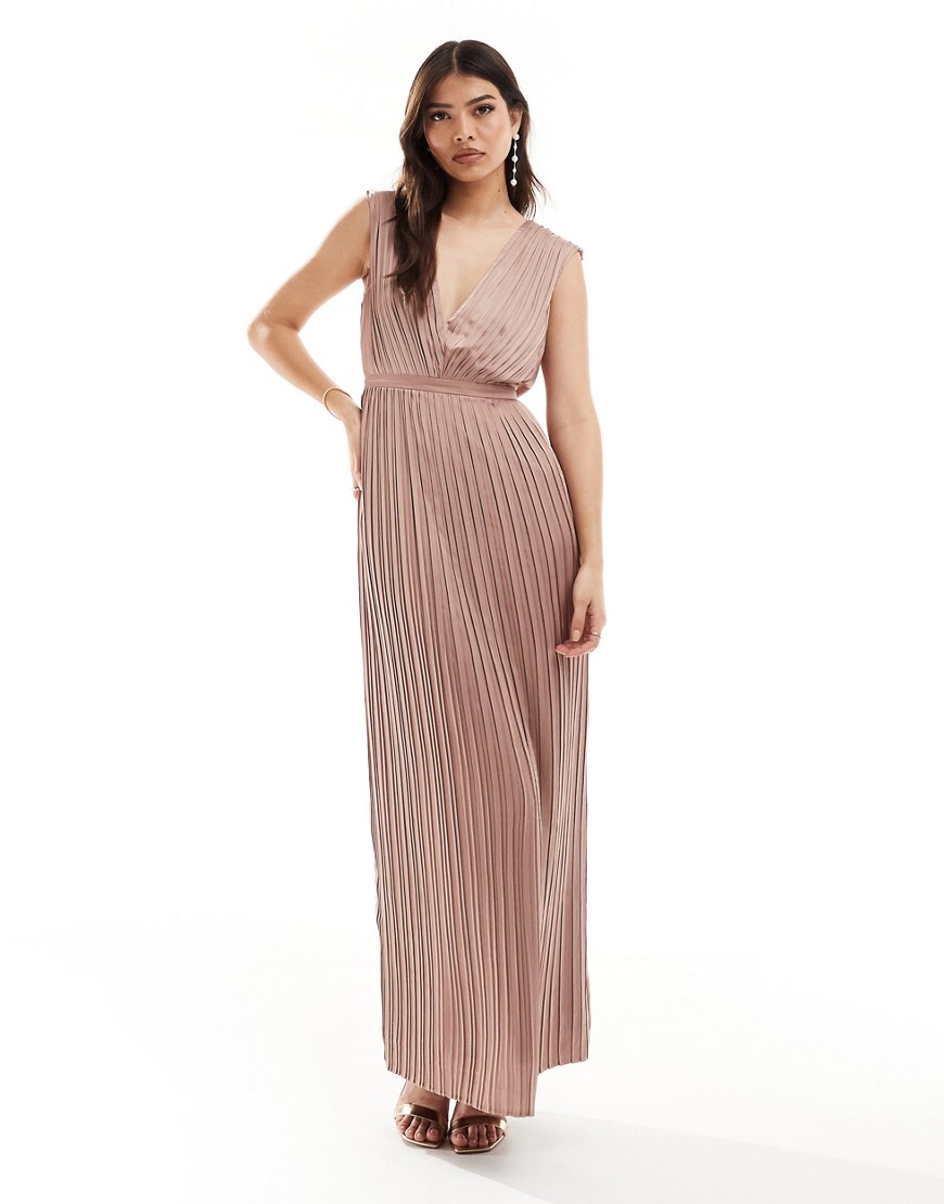 TFNC Bridesmaid satin pleated maxi dress in rose brown