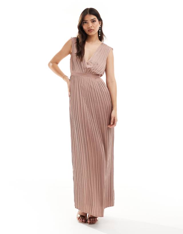 TFNC - bridesmaid satin pleated maxi dress in rose brown