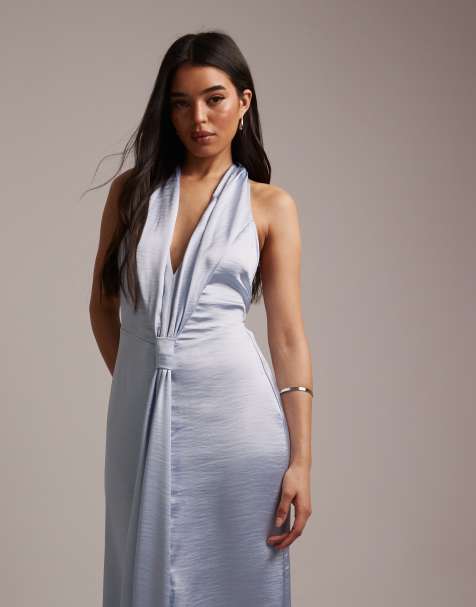 TFNC Bridesmaid satin plunge halter neck tassel detail maxi dress in blue - view 1