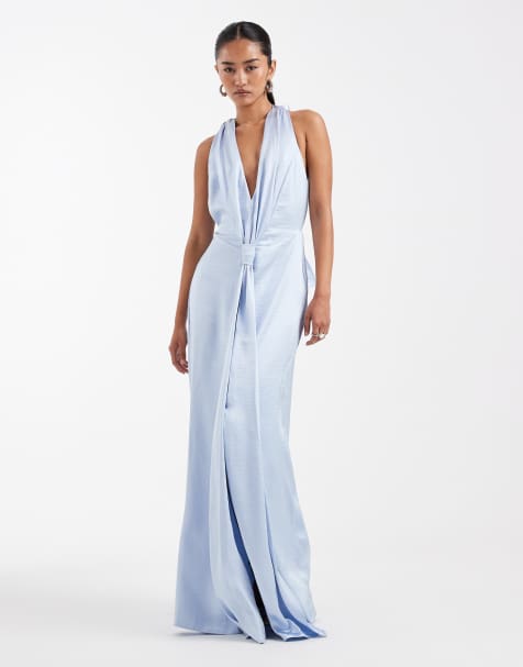 TFNC Bridesmaid satin plunge halterneck tassel detail maxi dress in blue